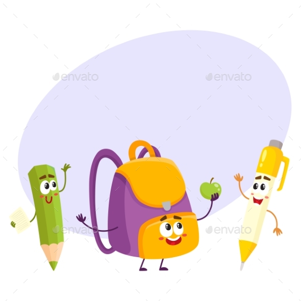 Funny Smiling Pen, Pencil, Backpack Characters - Miscellaneous Vectors