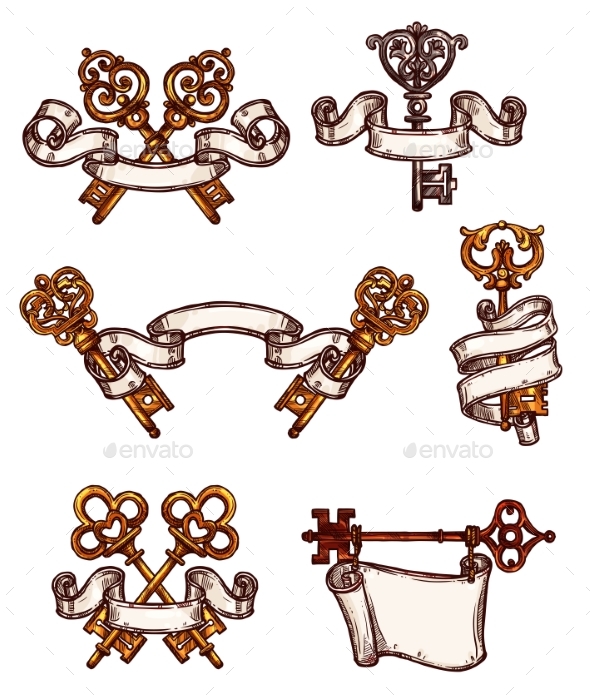 Vintage Keys Vector Icons Sketch Decor Set - Objects Vectors