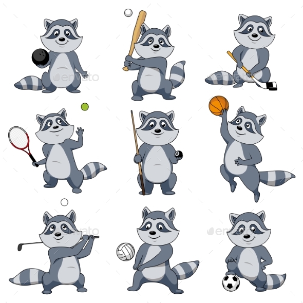 Cartoon Raccoon Play Sports Vector Mascot Icons - Animals Characters