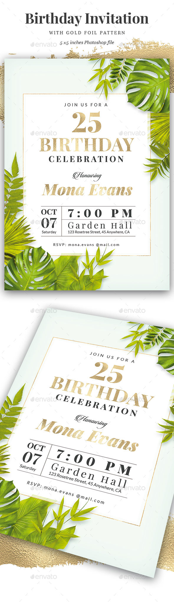 Green / Gold Birthday Invitation