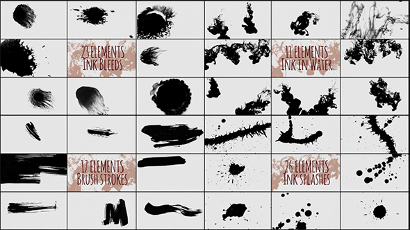 77 Ink Pack Elements - Ink Bleeds, Brush Strokes & Splashes