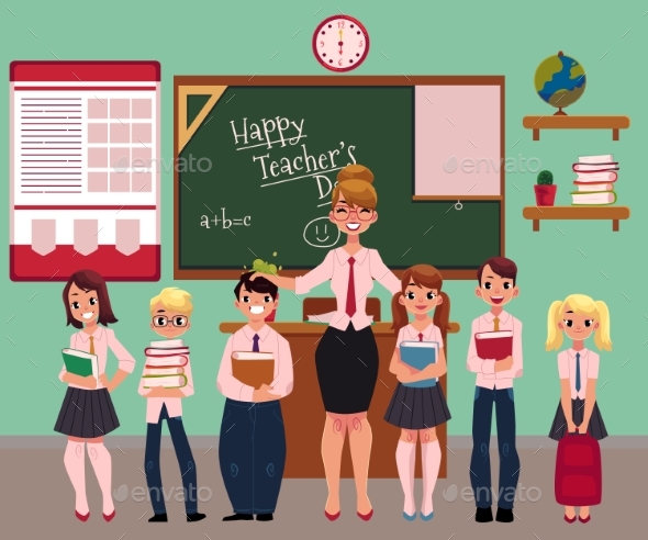Female Teacher Standing with Students in Classroom - People Characters