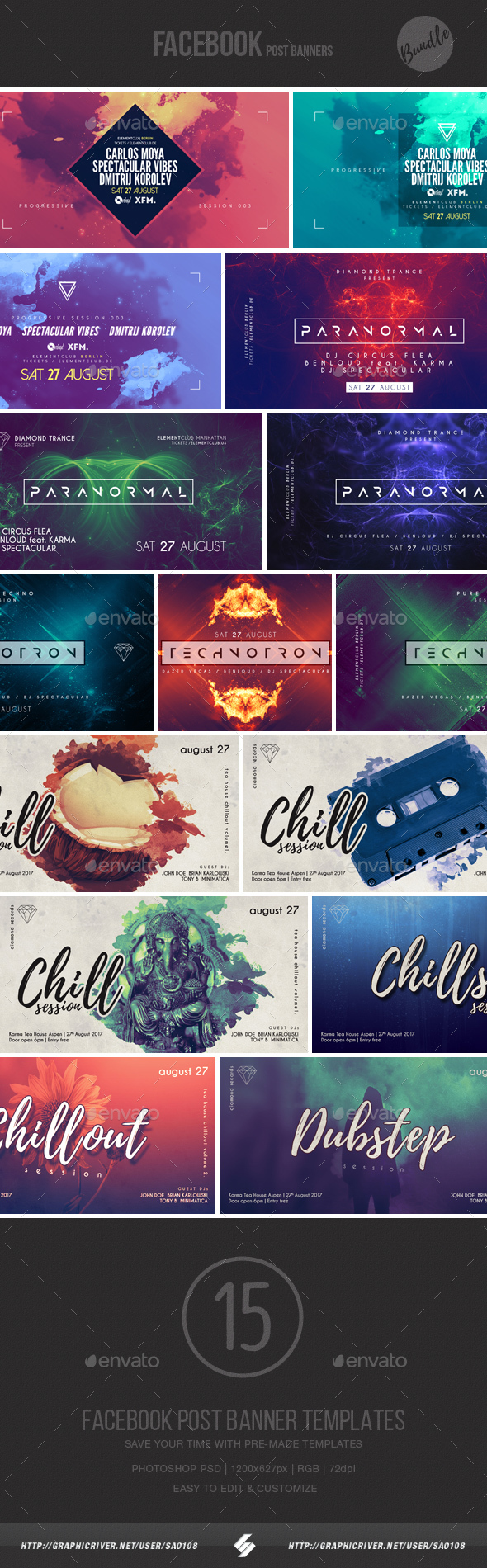 Electronic Music Event Facebook Post Banner Templates Bundle 5 - Social Media Web Elements