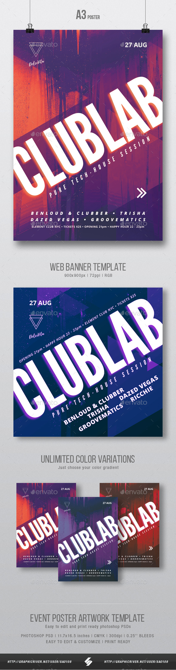 Clublab - Club Party Flyer / Poster Artwork Template A3 - Clubs & Parties Events