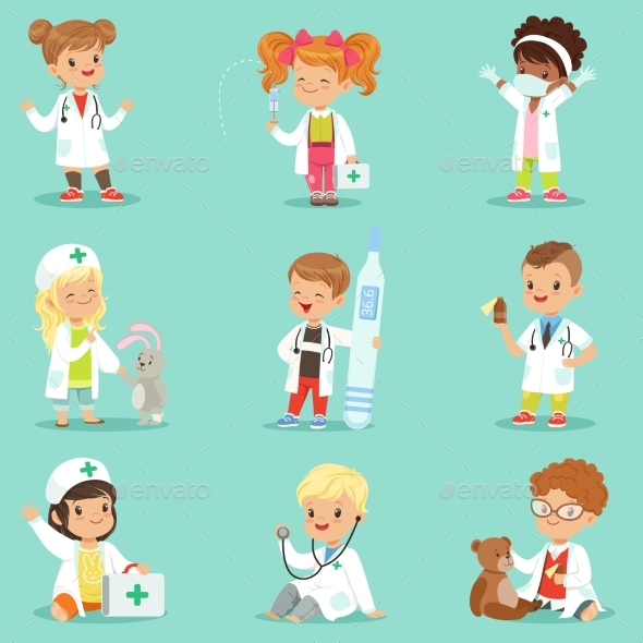 Kids Playing Doctor Set. - People Characters