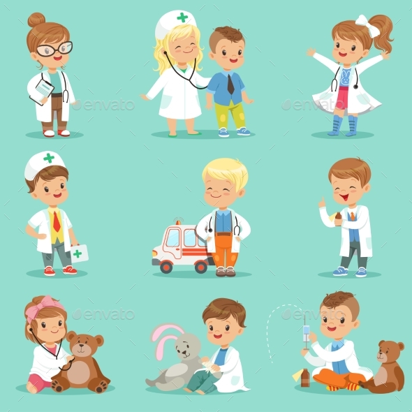 Kids Playing Doctor Set. - People Characters
