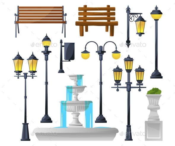 Urban Elements Set. Street Lamps, Fountain, Park - Objects Vectors