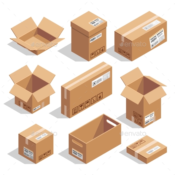 Opening and Closed Cardboard Boxes. Isometric - Objects Vectors