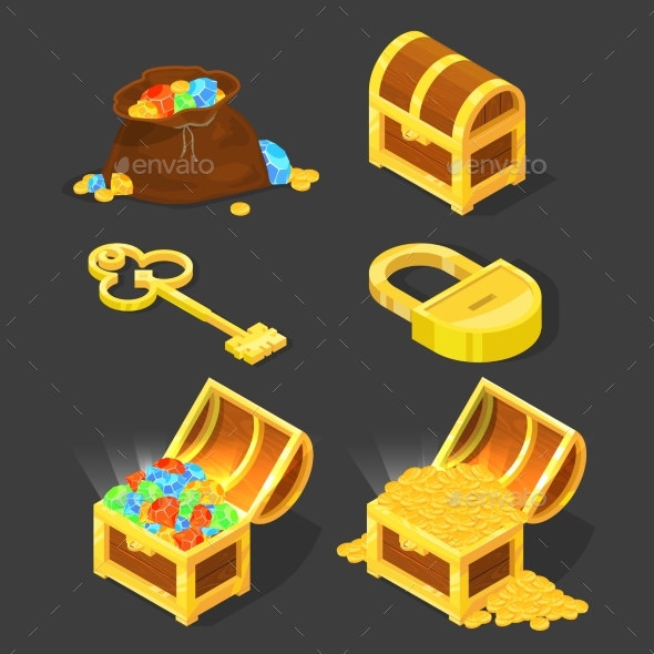 Old Wooden Chest with Treasures, Vintage Key - Objects Vectors