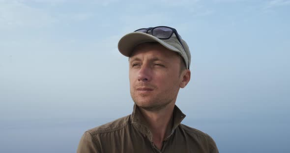 Footage Bearded Millennial Caucasian Man Looking Away Dreaming Closeup alt