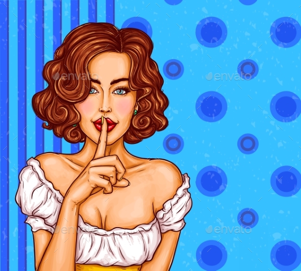 Pop Art Illustration of a Girl Holding Finger to Lips - People Characters