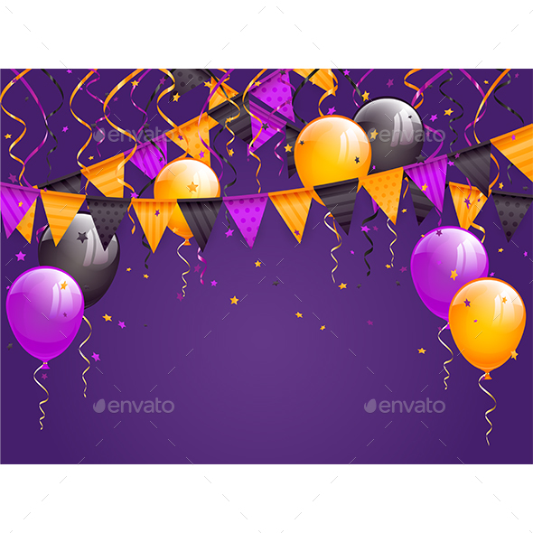 Halloween Pennants and Balloons on Violet Background