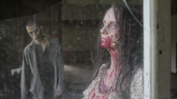 A Zombie Girl Stands and Looks Out the Window From an Abandoned Building.