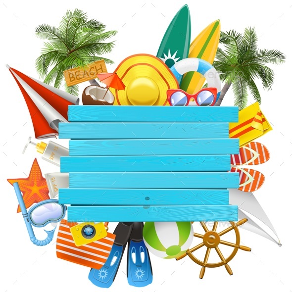 Vector Beach Accessories with Wooden Plank - Travel Conceptual