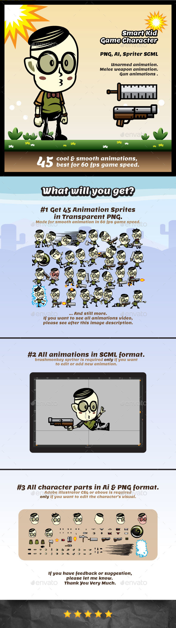 Smart Kid Male Game Character Sprites - Sprites Game Assets