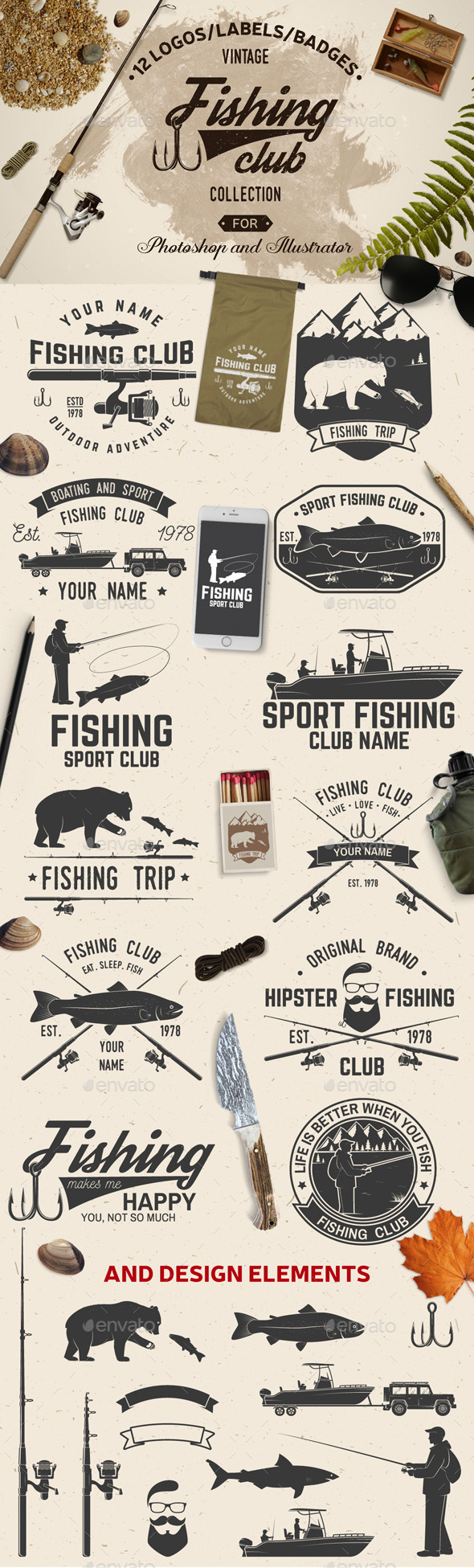 Fishing Club Vintage Collection - Badges & Stickers Web Elements