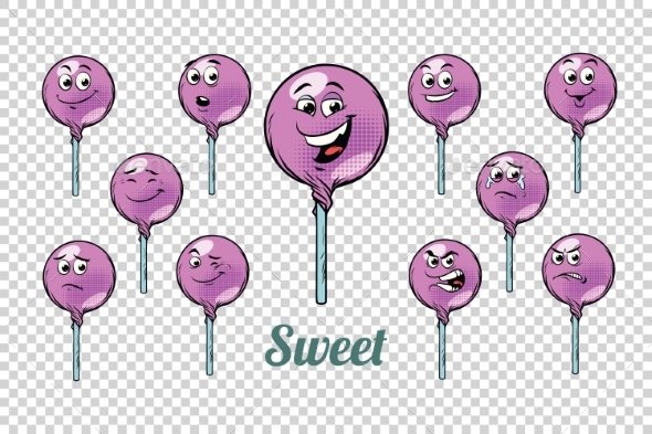 Round Lollipop Candy Emotions Characters - Food Objects