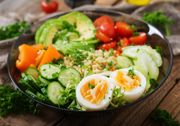 Healthy Salad With Chicken Tomatoes Avocado Lettuce Watermelon Radish Stock Photo By Timolina