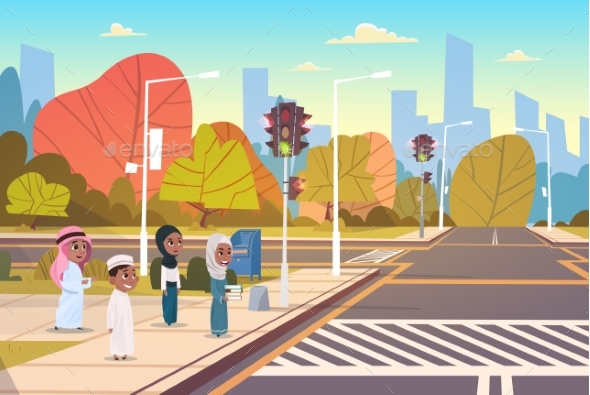 GraphicRiver Group Of Arab School Children Waiting For Green 20337643 GraphicRiver Group Of Arab School Children Waiting For Green 20337643