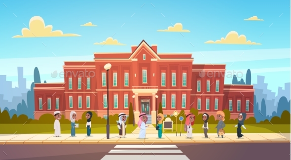 Group Of Arab Pupils Stand In Front Of School - Miscellaneous Vectors
