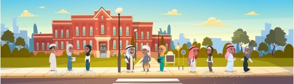 Group Of Arab Pupils Stand In Front Of School - Miscellaneous Vectors