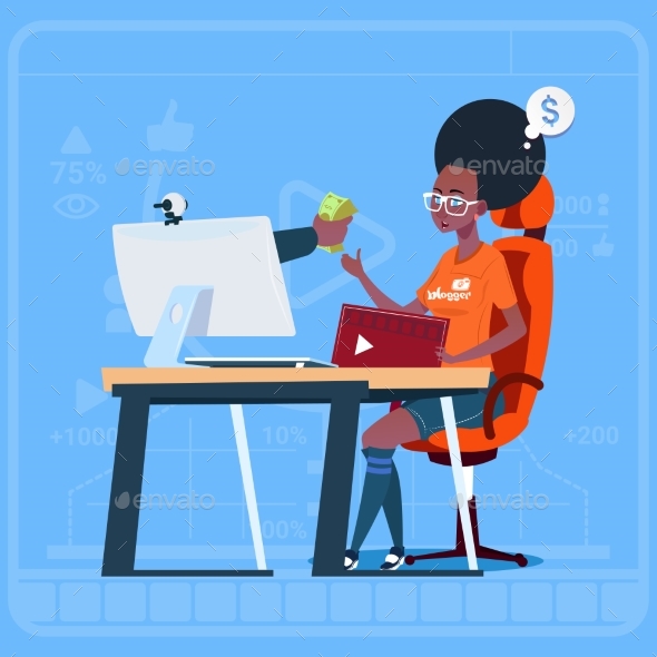 Girl Blogger Sits at Computer - Computers Technology