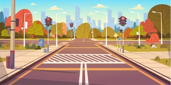 Road Empty City Street With Crosswalk And Traffic - People Characters