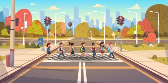 GraphicRiver Group Of School Children Crossing Road 20337776 GraphicRiver Group Of School Children Crossing Road 20337776