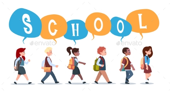 Group of Pupils Mix Race Walking Back To School - People Characters