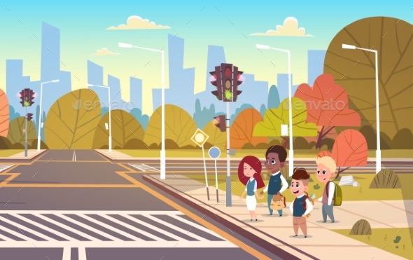 GraphicRiver Group of School Children Waiting for Green Traffic Light 20337805 GraphicRiver Group of School Children Waiting for Green Traffic Light 20337805