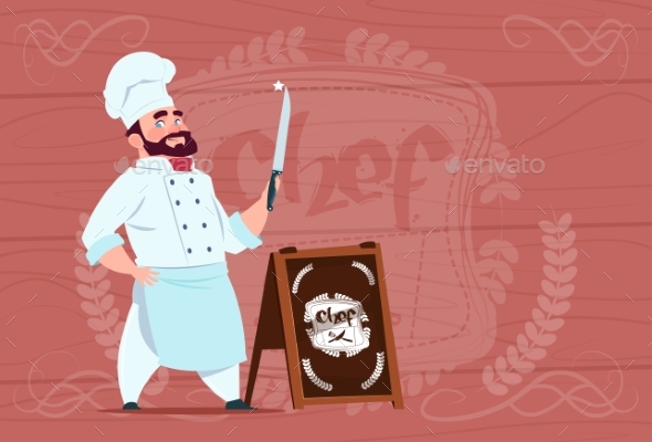 Chef Holding Knife Smiling Cartoon Character - People Characters