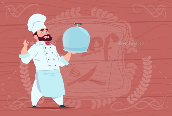 Chef Holding Tray With Dish Smiling Cartoon - People Characters