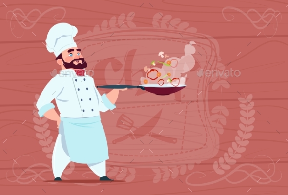 Chef Cook Holding Frying Pan With Hot Food Smiling - Miscellaneous Vectors