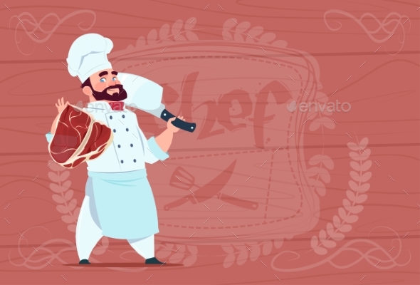 Chef Holding Cleaver Knife and Meat Smiling - People Characters