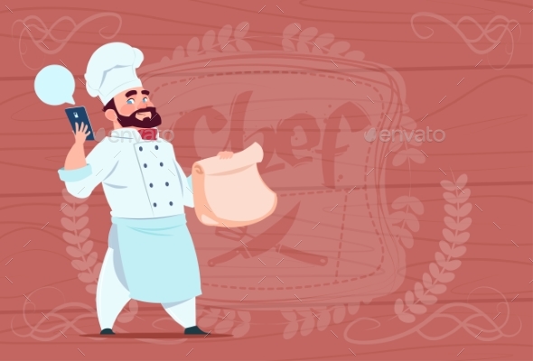 Chef Holding Packet with Food and Mobile - People Characters