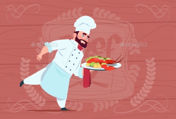 Chef Holding Tray With Lobster Smiling - Food Objects