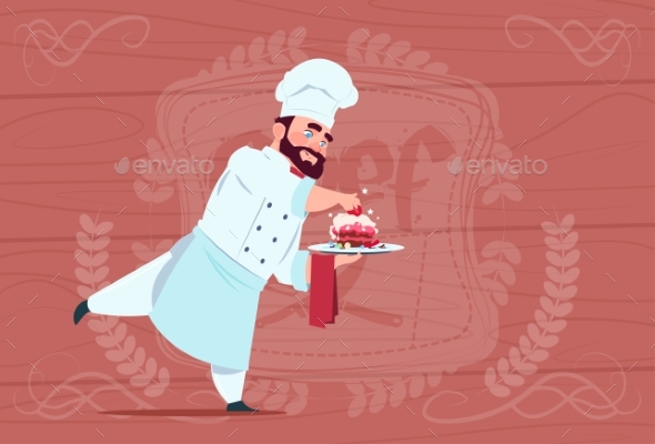 Chef Holding Dessert Dish Smiling Cartoon - Food Objects