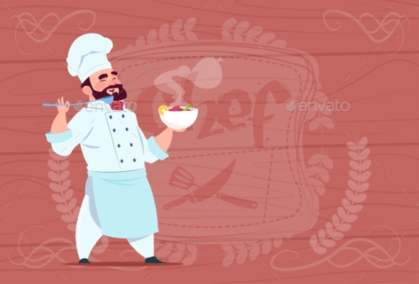 Chef Holding Plate With Hot Soup Smiling - Food Objects