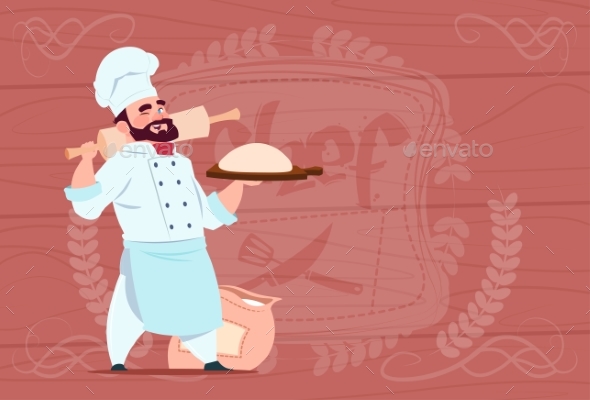 Chef Holding Flour and Dough Smiling Cartoon - Food Objects