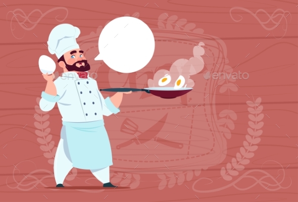 Chef Cook Holding Frying Pan With Eggs Smiling - Miscellaneous Vectors