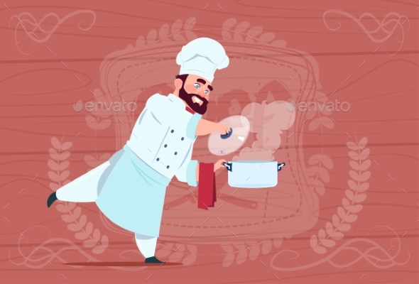 Chef Cook Holding Saucepan with Hot Soup Smiling - Food Objects