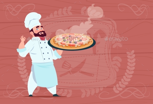 Chef Holding Pizza Smiling Cartoon - Food Objects