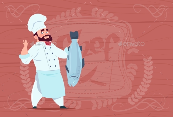 Chef Holds Fish Smiling Cartoon - Food Objects