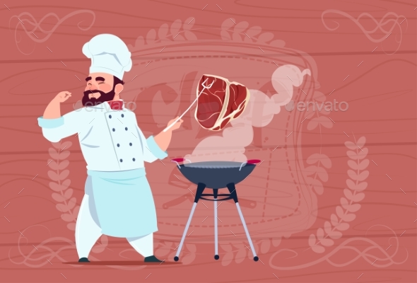 Chef Cook Grill Meat On Bbq Cartoon Restaurant - Miscellaneous Vectors