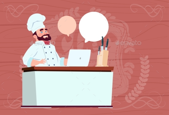 Chef Working at Laptop Computer Cartoon - Miscellaneous Vectors