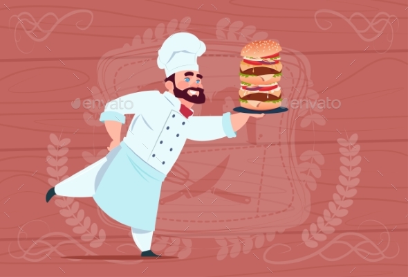 Chef Holds Big Burger Smiling Cartoon - Food Objects