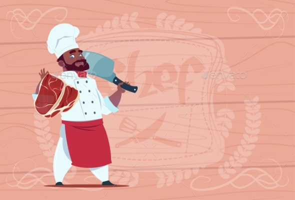 African American Chef Cook Holding Cleaver Knife - Miscellaneous Vectors