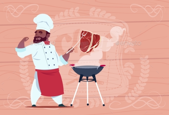 African American Chef Cook Grill Meat On Bbq - Miscellaneous Vectors