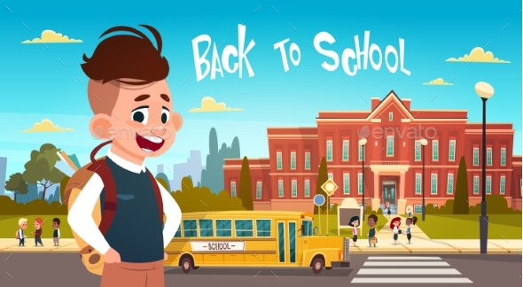 Boy Going Back To School Over Group Of Pupils - Miscellaneous Vectors