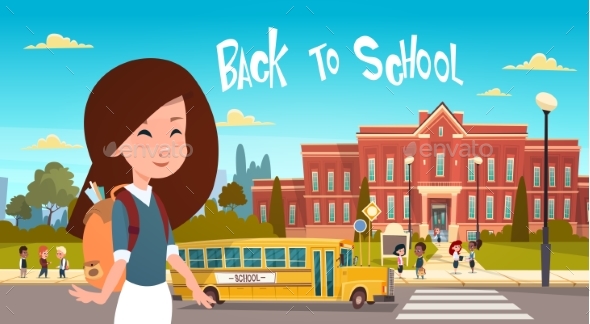 Girl Going Back To School Over Group Of Pupils - Miscellaneous Vectors